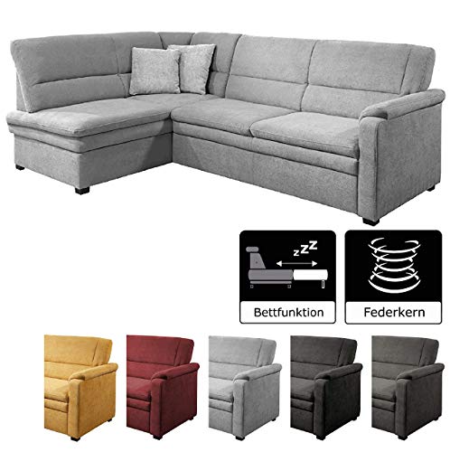 Cavadore Ecksofa Pisoo mit Ottomane links L-sofa, mit Federkern und Bettfunktion im klassischen Design, 245 x 89 x 161, Flachgewebe Hellgrau