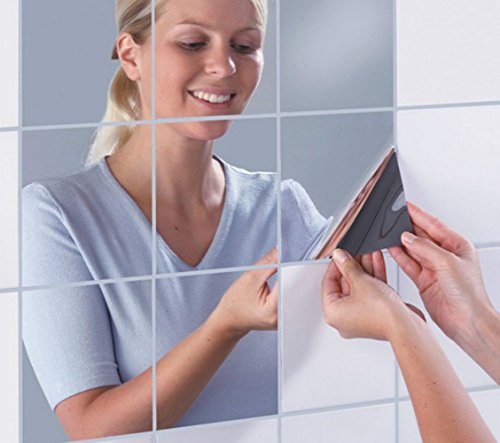 16pcs Deko-Klebefliesen verspiegelt selbstklebende Fliesen, Spiegelfolie selbstklebend Zuhause dekorative Wand setzt reflektierende Aufkleber Fliesen PET Square Dekor Folie 5,9 x 5,9 Zoll für Badezimmer-Umkleidekabine - 2