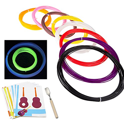 JOYGEEK 3D Stift Filament zum Nachfüllen, 3D Doodler Filamente PLA/1,75 mm, 10er-Pack Filamente enthält 2 im DUNKELN LEUCHTENDE Farben mit 10 Blatt 3D Stiftschablonen - echte Papierschablonen.