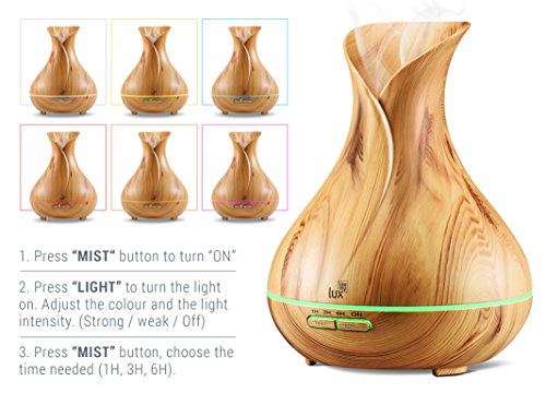 Aroma Diffuser 400ml Likemylux Luftbefeuchter Ultraschall Duftzerstäuber für Öl Aromatherapie in Holzmaserung mit 7 Led Farben inklusive Zeit Timer mit automatischer Abschaltfunktion | 2 Jahre Garantie | Holzoptik Hell - 2