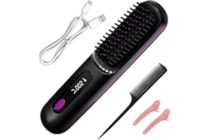 GOBESTY Glow Wave Heated Brush for Short Hair, 3 Heat Settings Heated Hair Brush, Led Screen & USB Rechargeable Hair Straightener Brush Frizz-Free Styling for Travel & Everyday Use (Black)