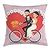 Produktbild JIEKEIO Just Married Throw Pillow Cushion Cover, Cartoon Style Bride and Groom Riding a Bicycle on a Heart with White Flowers, Decorative Square Accent Pillow Case, 18 X 18 Inches, Multicolor