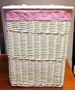 woodluv Große rechteckige Wäschekorb Weidenkorb mit Leinen Rosa Gingham