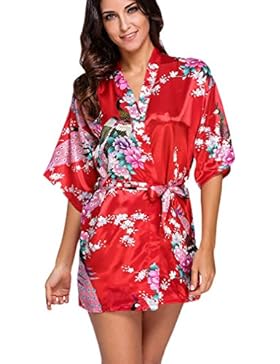 FLYCHEN Damen satin Morgenmantel Pfau und Blüten japanische kurze Kimonos
