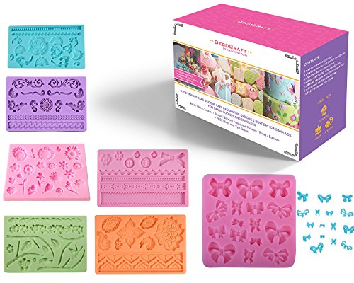 DecoCraft - 8 Stück verschiedene Kuchensilikon Kuchendekorationsdesigns und Ränder Glasurformen für Kuchen/ Cookies und Cupcakes - Rosen/ Herzen/ Blätter/ Perlen/ Ränder/ gemischte Blumen/ Schleifen/ Knöpfe + KOSTENLOSE Broschüre mit Hinweisen und Tipps