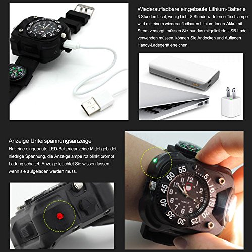 Sunmoch Super Helle 5-Mode Handgelenk LED Licht USB Aufladbar Wasserdichte LED Taschenlampe Fitness tracker Wristlicht Sportuhr Licht mit Kompass, Verwendet als Running Lichter, Radfahren Licht, Klettern Lichter, Camping Lichter,Outdoor Mini Taschenlampe - 6