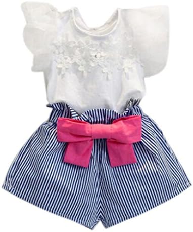 Girls' Clothes Set JYJM For 2-7 Years Old KidsGirls Lace T-Shirt+Stripe Shorts Set Clothes Suit Outfits Clothes Set Dress For Girl Vest Short-Sleeved Top (110, Blue)