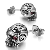 MunkiMix Stainless Steel Stud Earrings CZ Silver Red Skull Gothic Men