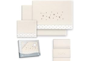 Interbaby - Juego Sabanas Minicuna 50x80 Poliester 100% | Sabana Cuna Bebe Coralina, Cálida | Incluye Sabana Bajera, Encimera y Funda de Almohada | Ideal para Invierno | Estrellas Luna Beige