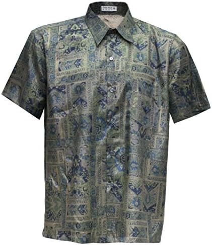 Men's Shirt Short Sleeve Thai Silk Bird Green (3XL)