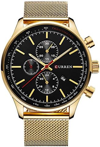 2017 New Nail Scale Calendar Display Quartz Men Watch Fashion Leisure Male Black MeshWristwatch For Young Boys Waterproof Business(Gold Black)