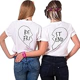 JWBBU Best Friends T-Shirt Guter Freund Herz T-Shirt mit Aufdruck für Zwei Damen Mädchen Sommer Weiß Schwarz Oberteil Geburtstagsgeschenk Jahrestagsgeschenk 2 Stücke (BE-M+ST-XL, Weiß)