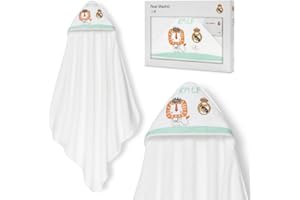 Interbaby - Capa de Baño Bebé +Real Madrid | Toalla con Capucha 100% Algodón, Unisex | Suave, Secado Rápido | Ideal para Recién Nacidos, Bebes y Niños Pequeños | Diseño León