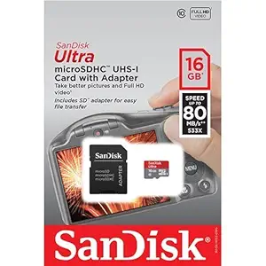 SanDisk Ultra 16GB UHS-I Class 10 MicroSDHC Memory Card Up to 80mb/s SDSQUNC-016G with adapter