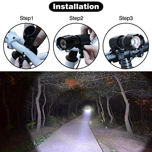 Jasonwell Hellsten wiederaufladbaren Zoomable einstellbarer Fokus 1200 Lumen Cree LED T6 Fahrradbeleuchtung Frontlicht Aluminium IPX6 wasserdicht Mountainbike leichte Handheld Taschenlampe mit Rücklicht, 18650 Lithium-Ionen-Akku und Ladegerät - 8
