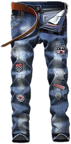 Torn Skinny Men Biker Hip Hop Distressed Casual Jogger Harem Pants Printed Goods Jeans Blue 33