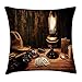 Produktbild Western Decor Throw Pillow Cushion Cover by, Mystic Night in Hotel Room Dallas with Lantern Nightstand Table and Poker Card, Decorative Square Accent Pillow Case, 18 X 18 Inches, Brown
