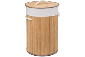 Acomoda Textil – Cesta de Bambú Plegable con Tapa y Asas para Lavandería de Gran Capacidad. Cesto Grande Organizador para la Ropa con Bolsa Extraíble y Lavable Color Madera. (35cmØ x50cm)
