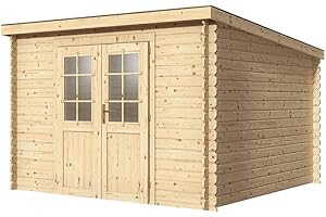 Woodtex Holz Gartenhaus Blockbohlenhaus CA2975 | Wandstärke 28 mm | Naturbelassen | B x T x H: 298 x 309 x 203 cm | Doppeltür Mit Echtglas