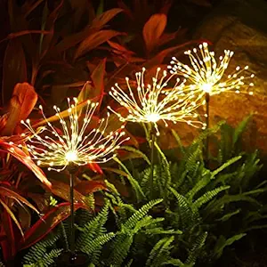 PIKFOS Solar Garden Lights Solar Firework Lights Solar Powered String Light with 2 Lighting Modes Twinkling and Steady-ON for Garden, Patio, Yard, Flowerbed, Parties (Warm Light-2)