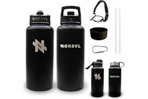 NORSVL Premium Stainless Steel Insulated Water Bottle 1L, Double Wall Vacuum Insulated Bottle, Sports Water Bottle, Hot & Cold Vacuum Flask, with 3 Lids, Paracord Handle, Bumper - Abyss Black