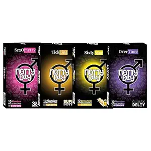 NOTTY BOY Ultra Thin Banana Flavour, Extra Time, Super Dotted 1500 Dots And 3IN1 (Ribbed, Dotted, Contour) Condom For Men ? (4x10s)