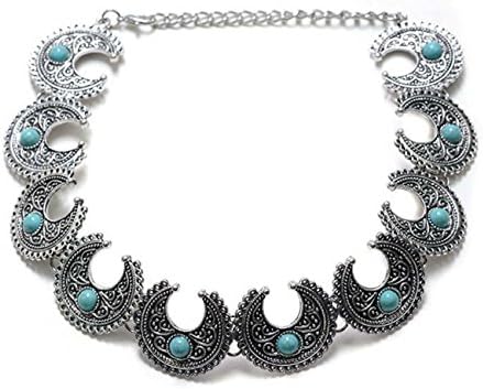 Nine tail fox Women Chocker Alloy Bead Inlaid Necklace Half Moon Retro Ornaments Clavicle Chain Clothing Accessories Collar Choker , silver blue