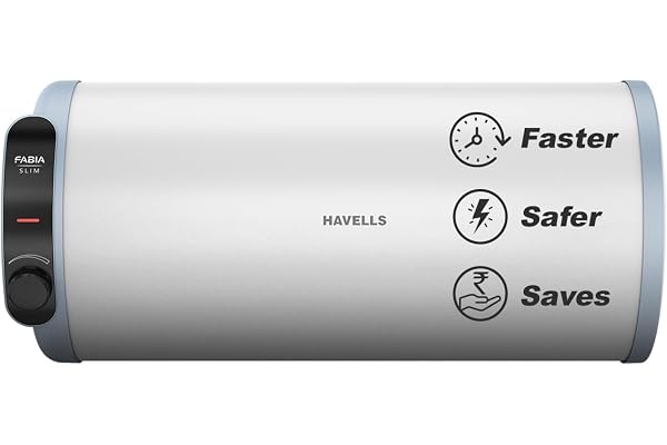Havells Fabia Slim 15L Horizontal Left Storage Water Heater(Geyser) Faster Heating Safer to use Saves electricity Anti Rust Tank Incoloy Element 7 Year Tank Warranty Free Installation & Flexi Pipes