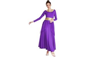 REXREII Women Praise Dance Robe Metallic Waistband Long Sleeve Liturgical Worship Dress Chiffon Skirt Lyrical Costume