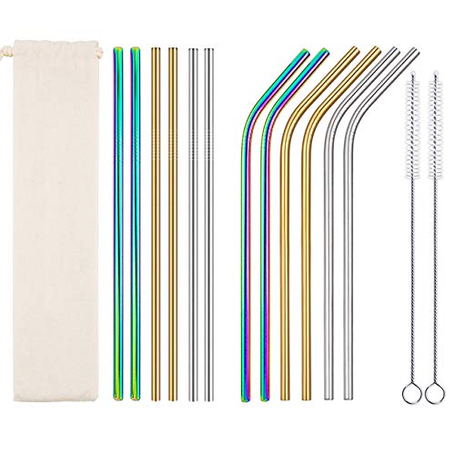 BOENFU PremiumAcier Inoxydable Pailles, 12 Pailles en Métal avec 2 Pinceaux de Nettoyage pour Gobelets 20/30 OZ, Smoothies, Laits Ffrappés, Milk-Shake, Cocktails, Boissons Fraîches