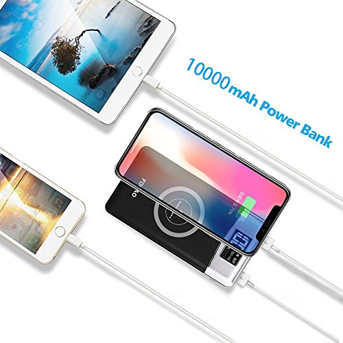 Chargeur    Induction sans fil  FDGAO Batterie Externe 10000mAh Wrieless Power Bank avec Affichage Num  rique Chargeur Portable pour iPhone 8 8 Plus   iPhone X  Samsung Galaxy S9 S8 S7 S6 S6 Edge   Note 5 et tous les appareils compatibles Qi  Noir