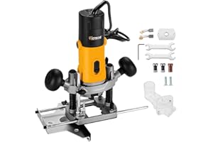 Hoteche 850W Oberfräse mit 30mm max Arbeitstiefe - Elektrische Holzfräse mit Kupferdrahtmotor, 11500-3200rpm Leerlaufdrehzahl, 6mm Spannloch, Alu-Grundplatte und VDE Stecker - Gelb-Schwarz