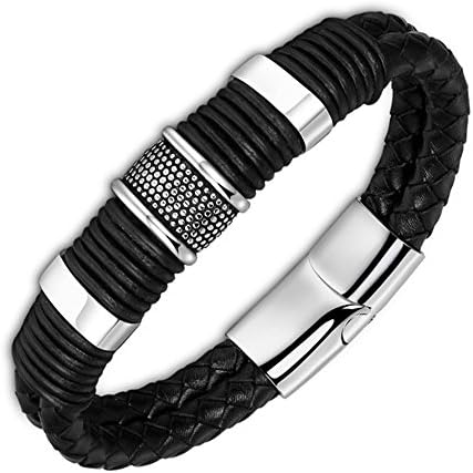 Men's Genuine Leather Titanium Bracelet Handmade Jewellery Black&amp;Silver 8.66 "(22cm) with FREE GIftbox