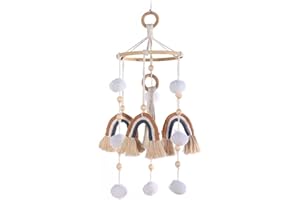 SWECOMZE Regenbogen Babybett Mobile Baby Holz mit PomPom Kinderzimmer Mädchen Bettglocke Windspiel Hängende Mobile Windspiel für Babybett Kinderbett (Grau)
