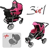  Jackmar  Gestell in Weiß  Hartgummireifen in Chrom & Schwarz  3 in 1 Kinderwagen Megaset (12 Teile)  Farbe: Schwarz & Pink
