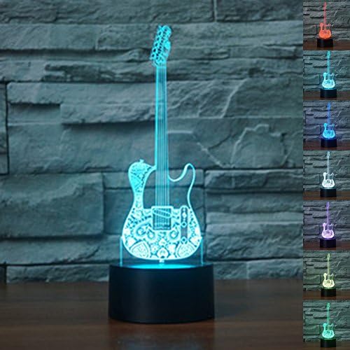 HeXie LED Night Lights 3D Illusion Bedside Table Lamp 7 Colours Changing Sleeping Lighting with Smart Touch Button Cute Gift Warming Present Creative Decoration Ideal Art and Crafts (Guitar)