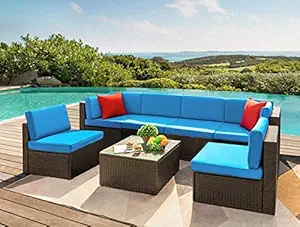 DEVOKO Outdoor/Patio/Garden/Pool Side/Terrace/Balcony/Porch/Backyard/Living Room/Cane Furniture Sofa Set Wicker Sectional Sofa All-Weather HDPE Rattan Conversation Sets, (Dark Brown and Blue)