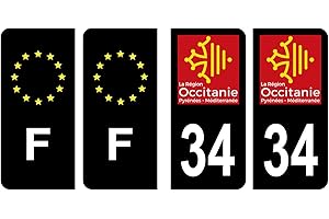 HADEXIA Lot 4 Autocollants Plaque immatriculation département 34 Hérault Région Occitanie Noir Couleur & F France Europe