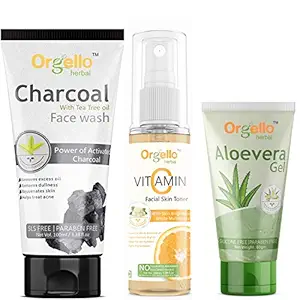 Orgello Herbal Skin care combo products kit pack - Charcoal Face Wash (1 X 100 ml) + Vitamin C Facial Toner (1 x 100 ml ) + Aloevera Gel for Face & Hair (1 x 60 gm) for men, women, boys, girls