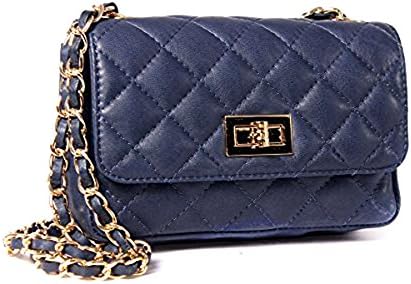 Beautiful Italian Leather Quilted Designer Style Classic Small Handbag with Gold (Navy)