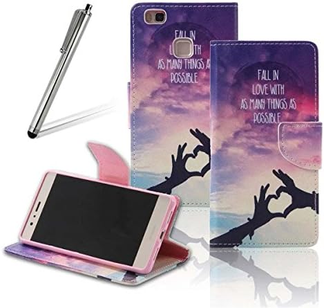 Huawei P9 Lite Case GeniusMALL 2016 New Style Color Pattern Design PU Leather Protector Wallet Cover Ultra Slim Fit Inner Soft TPU Flip Book Folio Stand with Credit Card Holder Slot Function ( Love Gesture )