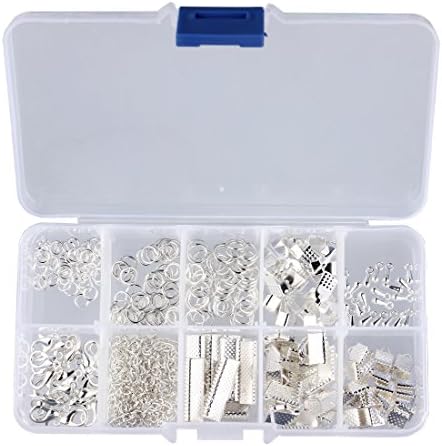 Sauvoo Beads 4 Colors DIY Jewelry Findings Accessories Kit Box Set Ear Hook Crimp End Cap Jump Rings Lobster Clasp Pins Tools for Jewelry Making (Silver)