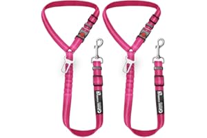 PETZANA Dog Seat Belt Harness for Car - 2-in-1 Leash and Restraint Secures to Headrest. Adjustable Bungee, Strong, Durable, 360 Degree Swivel Attach Won't Twist, Reflective, Easy to Use (Pink)