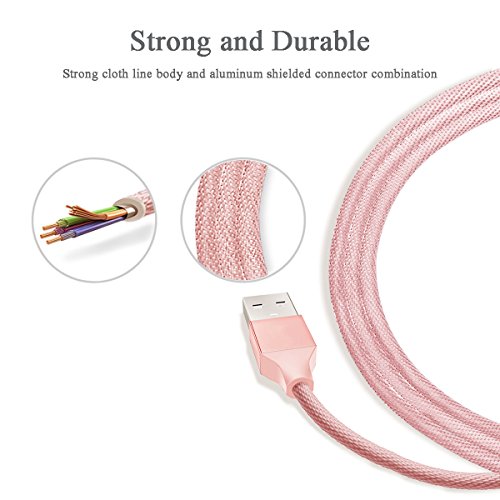 Quntis® 1,2,3m iPhone Ladekabel mit Doppeltem umflochtenem verwicklungssicherem Denim Jeans USB Stecker Datenkabel Aluminum Anschluss Lighting USB Kabel Hohe Qualität Super Robust für iOS10 iPhone 7 7 Plus 7 Pro SE 6s Plus 6 5 5s 5c iPad 4 iPad Mini iPad Air iPod Touch & Nano, Pink - 2