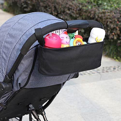 Parenthings Organisateur Poussette Bébé Sacs d'articles essentiels pour maman promenant -Avec porte-gobelet double, Solides sangles extensibles, Poches zippées insérées, Adaptation universelle, Noir