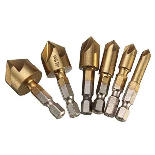 Raysen 6 Stk. 1/4 “ Sechskant Schaft HSS 5 Flöte Senkbohrer Set 90 Grad für Holz Schnellwechsel Bit 6mm-19mm - 3