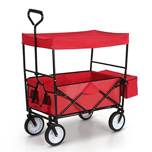 IKAYAA Bollerwagen Handwagen Transportwagen Klappbar mit Dach TC4208 Rot