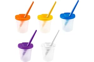 DCJWQ Paint Pots with Lids, 5 Brushes and 5 Spillproof Cups with Lids, Non Spill Paint Water Pots for Kids, For Beginner or Experienced Painters, Pot Height 86mm
