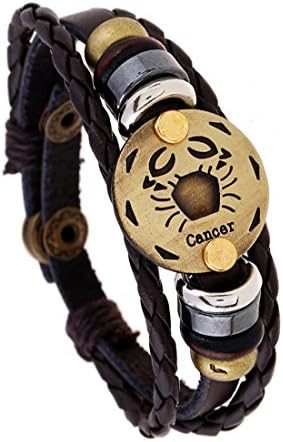 Qinyin Men’s Womens Retro Punk 12 Constellation Zodiac Sign Cancer Bracelet Braided Leather Alloy Charm Bracelet Multilayer Cuff Wristband Bangle