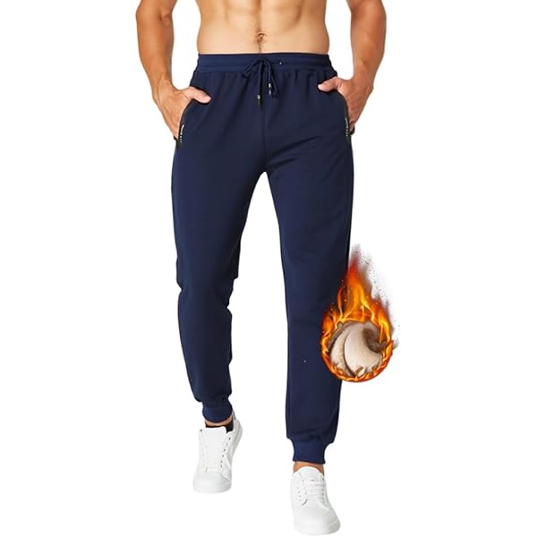 ZOXOZ Jogging Broek Mannen Katoen Thermo Gevoerd Warme Winter Fleece Sportbroek Elastische Mode Tailleband Katoen Lange Training Broek Losse met Ritszakken Blauw XL